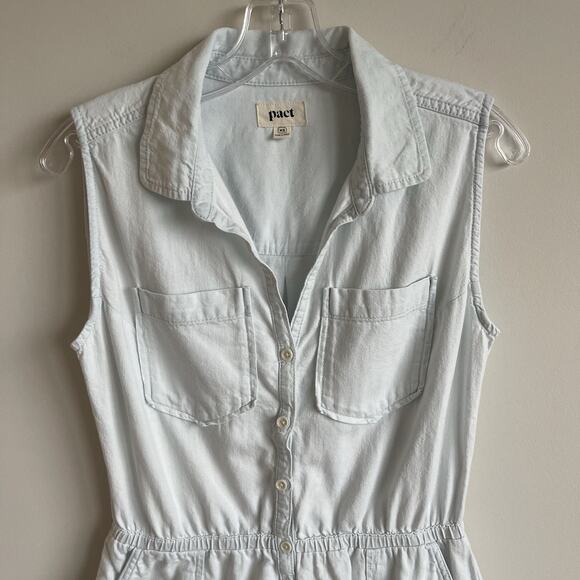 Pact 100% Organic Cotton Romper XS Button Front Utility Shorts Light Wash - Picture 2 of 14